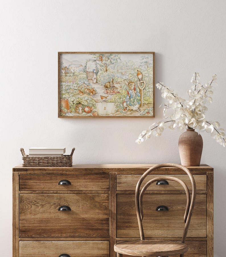 Peter Rabbit en el huerto, impresión de pintura de acuarela de Beatrix Potter, arte de pared de guardería vintage, idea de regalo para baby shower. imagen 7