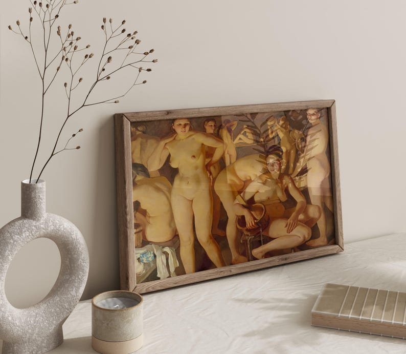 May include: A framed print of a classical painting depicting nude figures in a warm color palette. The artwork is displayed on a white surface, with a decorative vase and candle in the foreground.