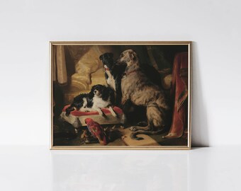 Hector, Nero, and Dash with the Parrot, Lory 1838 Edwin Landseer print, Vintage dog print, Bird art print, Victorian office wall decor.