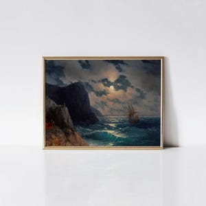 Passing Ship on a Moonlight Night, Ivan Aivazovsky print, Ship painting, Moonlit sky art, Seascape wall decor, Nautical wall art. image 1