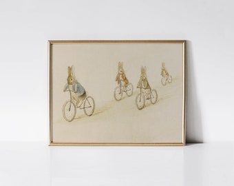 Peter Rabbit, Benjamin Bunny and friends on bicycles, Vintage bunny nursery wall art, Rabbit art print, Baby shower gift.