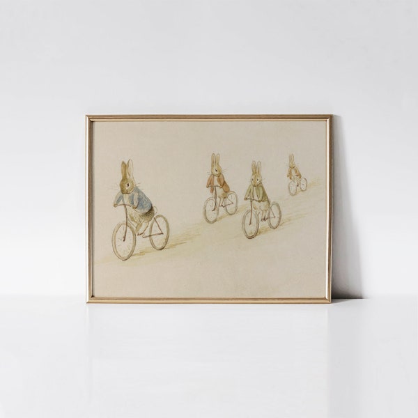 Peter Rabbit, Benjamin Bunny and friends on bicycles, Vintage bunny nursery wall art, Rabbit art print, Baby shower gift.