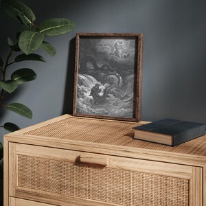 The Destruction of Leviathan, Gustave Doré Bible art print, Dark moody sea serpent drawing. image 3