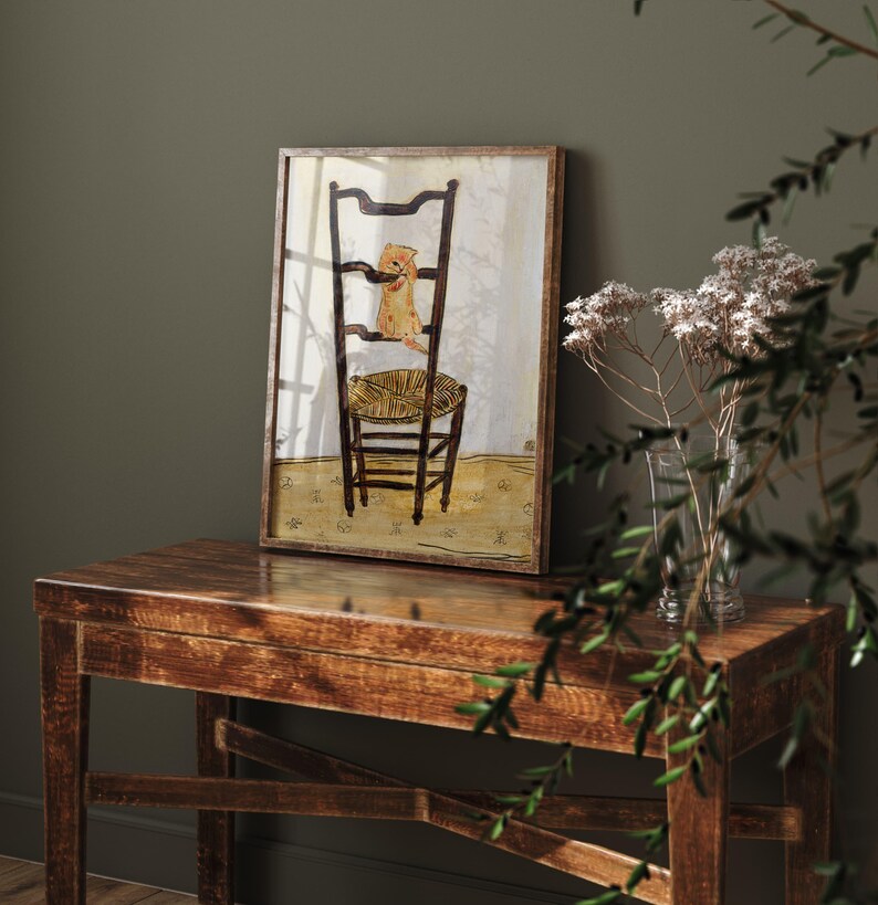Kitten Clambering up a Chair, Cute kitten print, 1900s cat painting, Living room décor, Cat lover gift. afbeelding 2