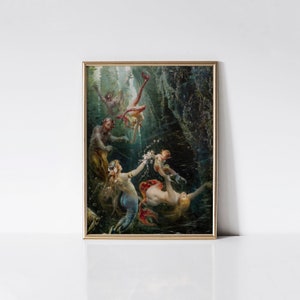 Playing nymphs, Vintage mermaid painting print, Mythological folk tale art, Enchanted nautical fantasy.