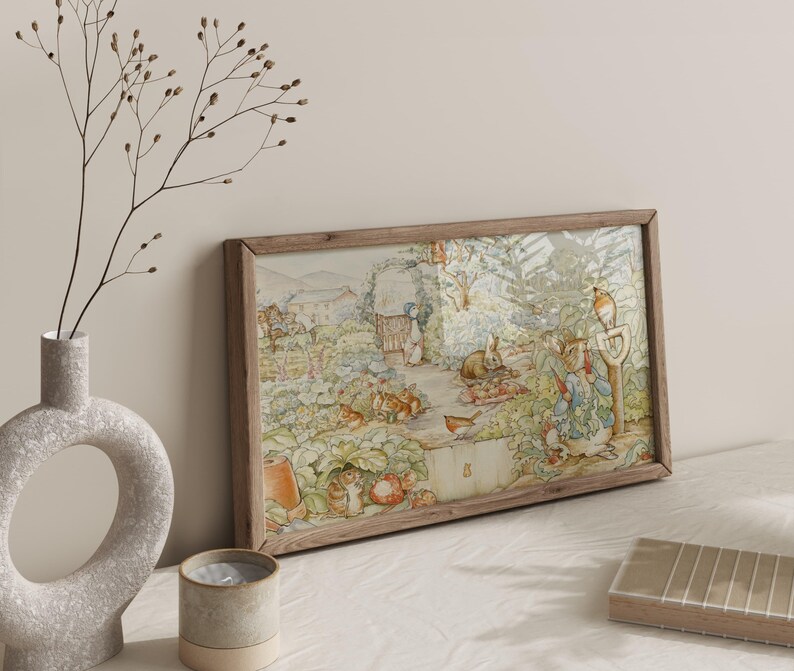Peter Rabbit en el huerto, impresión de pintura de acuarela de Beatrix Potter, arte de pared de guardería vintage, idea de regalo para baby shower. imagen 4