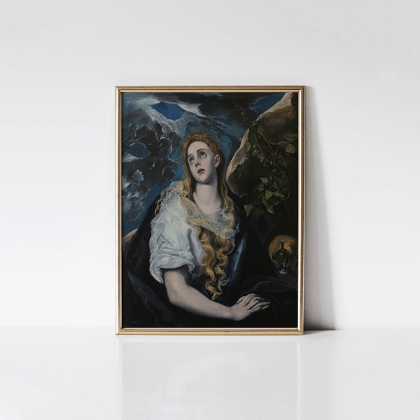 The Penitent Magdalene, El Greco print, Dark moody religious painting, Christian symbol.