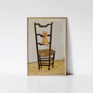 Kitten Clambering up a Chair, Cute kitten print, 1900s cat painting, Living room décor, Cat lover gift. afbeelding 1