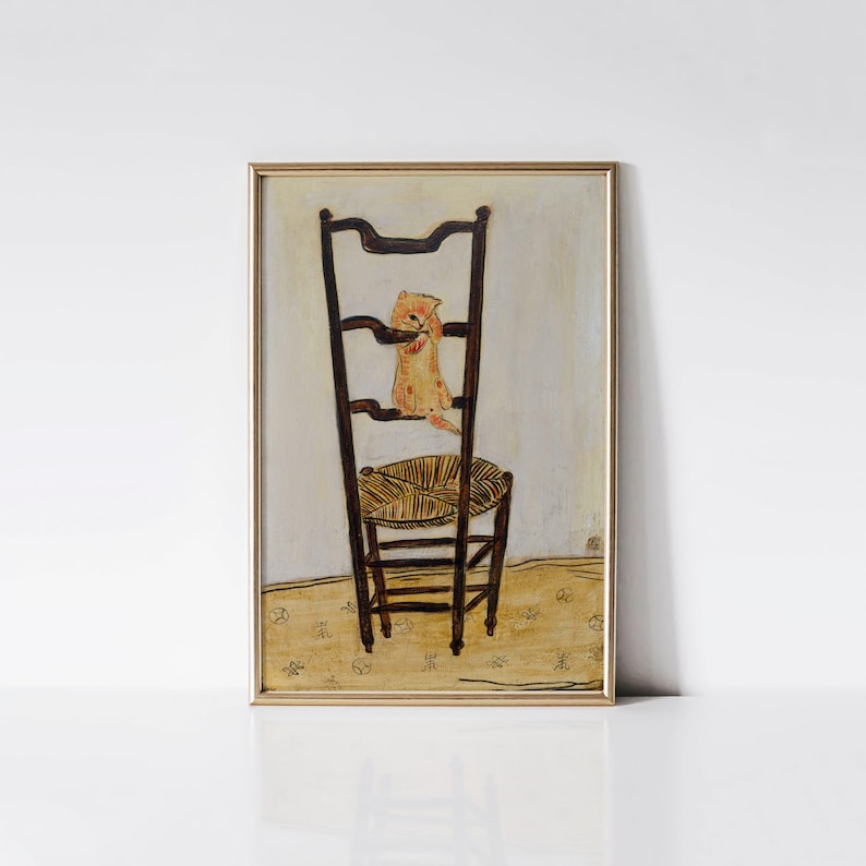 Kitten Clambering up a Chair, Cute kitten print, 1900s cat painting, Living room décor, Cat lover gift. afbeelding 1