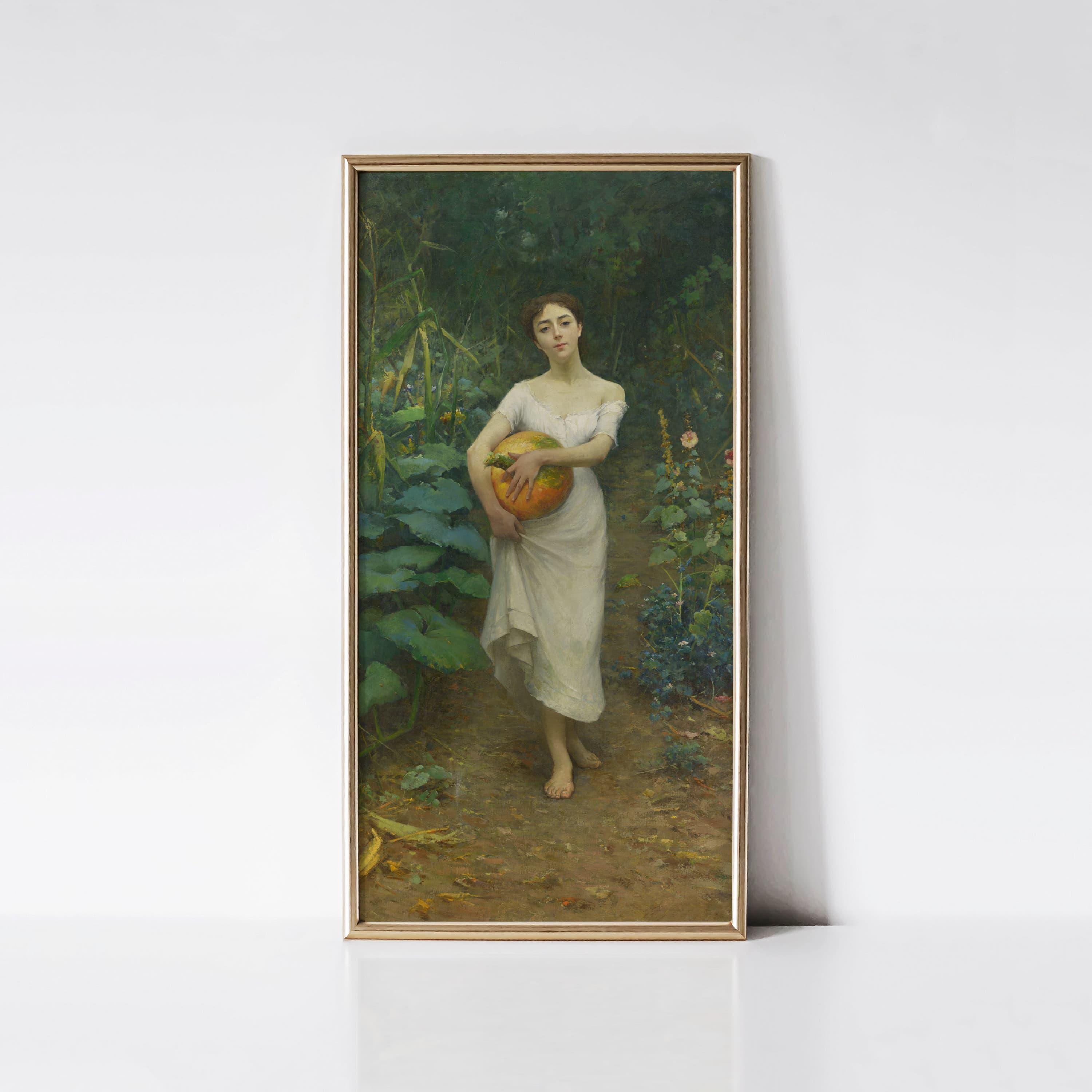 Young Girl Carrying a Pumpkin 1889 by Fausto Zonaro Print, Rustic