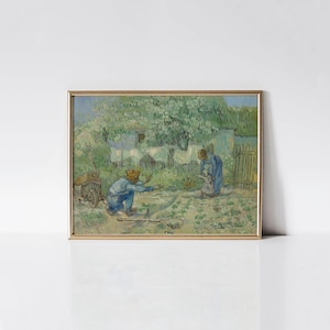 First Steps, after Millet 1890 Vincent van Gogh print, Farmer family country landscape painting, Farmhouse decor, Cottage wall art.