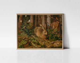 A Hare in the Forest, Vintage forest oil painting print, Woodland décor, Enchanted forest wall art, Rabbit, Bunny, Hare.