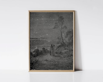 Now Was the Day Departing, Gustave Doré print, Divine comedy poster, Night landscape artwork, Nocturnal engraving, Stars and moon art.