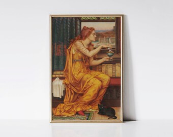 Love Potion print, Witch making potion painting.