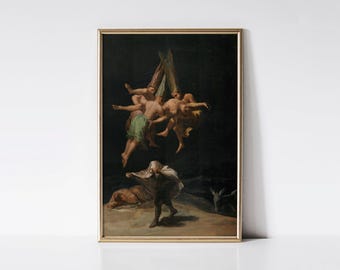 Lámina "El Vuelo de las Brujas 1797" de Francisco de Goya, decoración de pared gótica oscura, arte estético oculto surrealista, regalo espeluznante de Halloween.