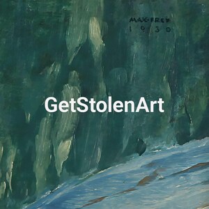 May include: An abstract painting with a palette of greens and blues, featuring textured brushstrokes. The artwork includes the text "GetStolenArt" in white and the artist's signature and date "1930". The painting evokes a landscape or natural scene.