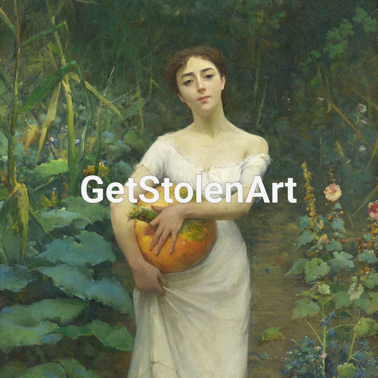 Young Girl Carrying a Pumpkin 1889 by Fausto Zonaro Print, Rustic
