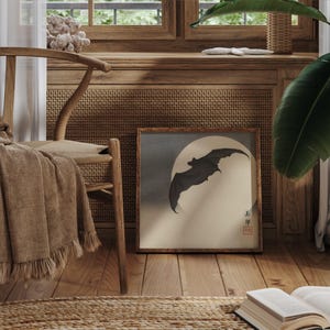 Bat Before the Moon, Vintage Asian wall art, Bat art print, Bat décor, Japanese poster, Moon art print, Dark art, Gothic art. image 8
