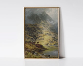 The Incoming Mist, Mountain landscape print, Wildlife painting, Mountain lake wall art, Deer in mountain painting print.