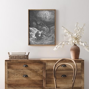 The Destruction of Leviathan, Gustave Doré Bible art print, Dark moody sea serpent drawing. image 7