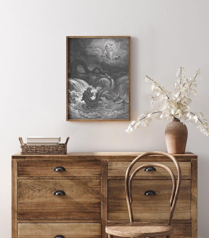 The Destruction of Leviathan, Gustave Doré Bible art print, Dark moody sea serpent drawing. image 7
