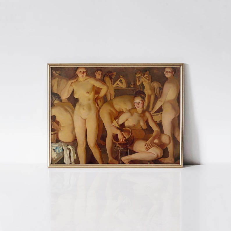May include: A framed oil painting depicting a group of nude figures in a bathhouse setting. The artwork features warm tones and soft lighting, with figures in various poses. The painting is in a gold frame.