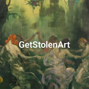 May include: An impressionistic painting depicting figures in flowing garments dancing in a forest setting. The artwork features a palette of greens, yellows, and muted tones, with the text "GetStolenArt" overlaid on the image.