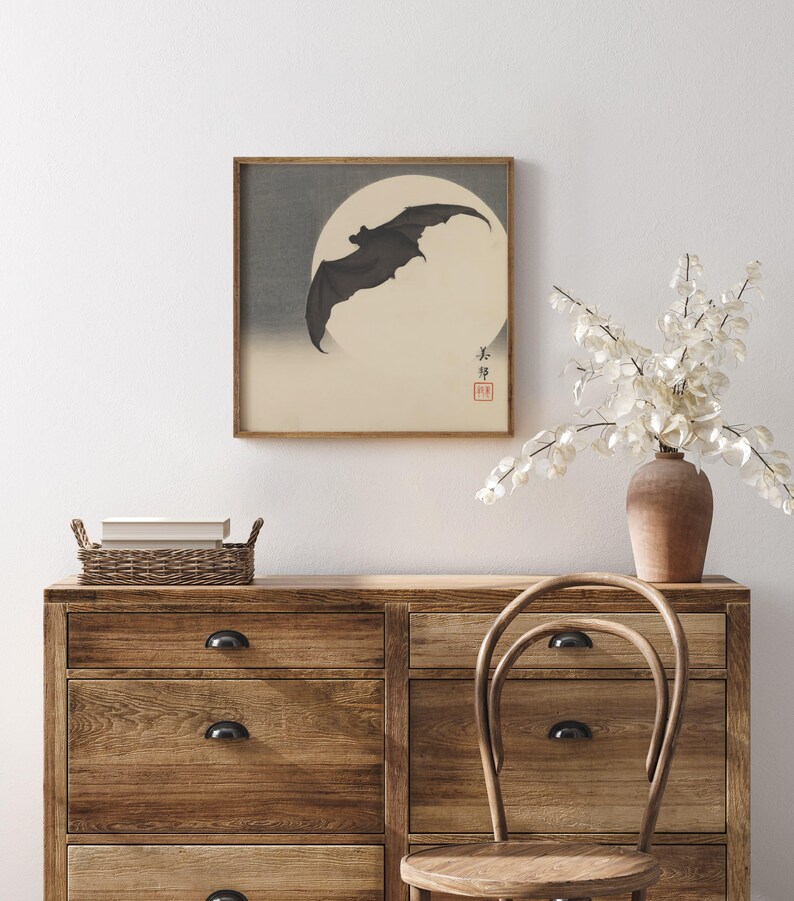 Bat Before the Moon, Vintage Asian wall art, Bat art print, Bat décor, Japanese poster, Moon art print, Dark art, Gothic art. image 7