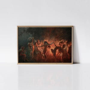 Fire Dance 1889 by Joseph Tomanek print, Victorian era dancing flock of witches painting.