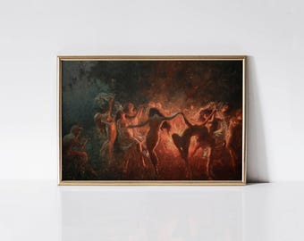 Fire Dance 1889 by Joseph Tomanek print, Victorian era dancing flock of witches painting.
