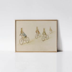 Peter Rabbit, Benjamin Bunny and friends on bicycles, Vintage bunny nursery wall art, Rabbit art print, Baby shower gift.