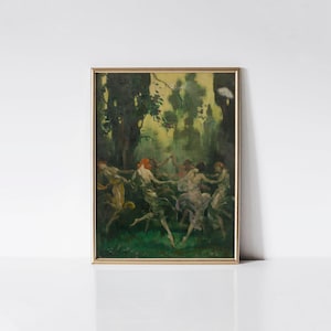 May include: An antique framed painting depicts a group of figures dancing in a forest setting. The artwork features a palette of greens, yellows, and browns, with the dancers in flowing gowns. The gold frame adds a classic touch to the artwork.