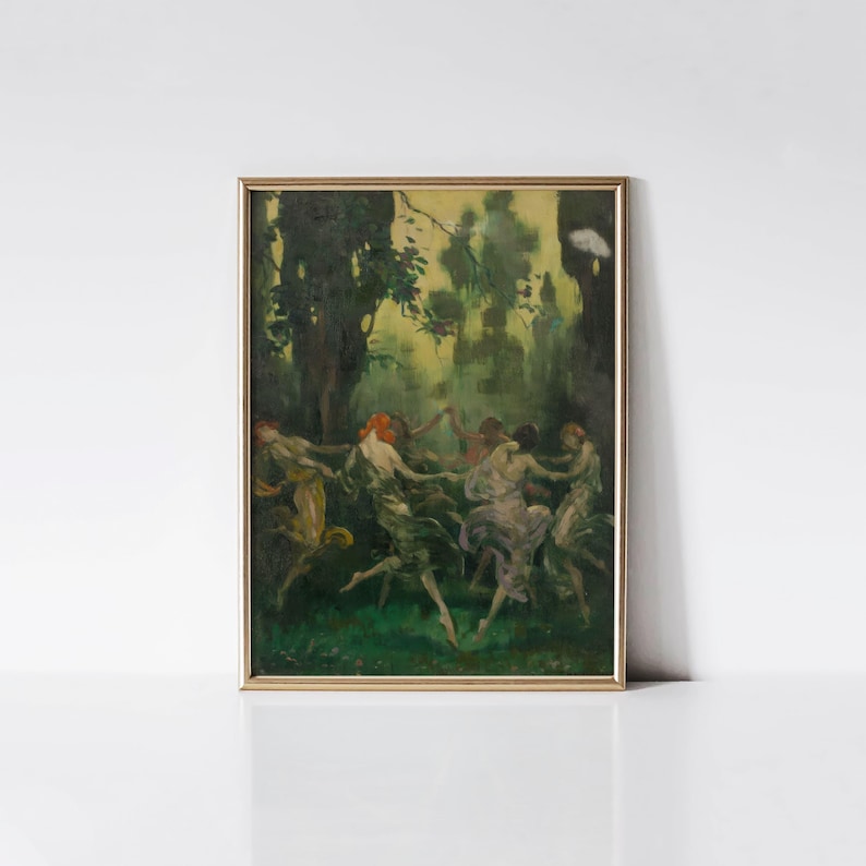 May include: An antique framed painting depicts a group of figures dancing in a forest setting. The artwork features a palette of greens, yellows, and browns, with the dancers in flowing gowns. The gold frame adds a classic touch to the artwork.
