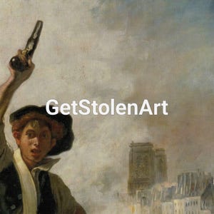 May include: An oil painting depicting a young person holding a pistol in the air, with a look of alarm. The background shows a cityscape under a cloudy sky. The text "GetStolenArt" is visible.