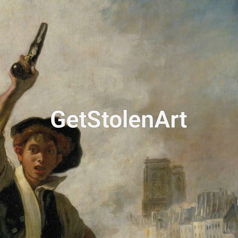 May include: An oil painting depicting a young person holding a pistol in the air, with a look of alarm. The background shows a cityscape under a cloudy sky. The text "GetStolenArt" is visible.
