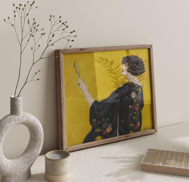 Woman with a Kimono in Profile, Vintage fashion print, Woman portrait painting, Bedroom wall art, Square wall art, Art Nouveau painting. afbeelding 4