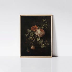 Still Life with Roses, 1600s floral still life print, Dark moody flower art.