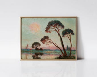 Sun setting over the Brière, French marsh area print, Nature landscape painting.