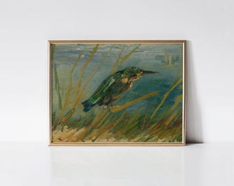 Impression Vincent van Gogh Martin-pêcheur au bord de l'eau 1887, cadeau Cottagecore pour amateur d'oiseaux, décoration de cabine rustique au bord du lac, art mural maison de plage.