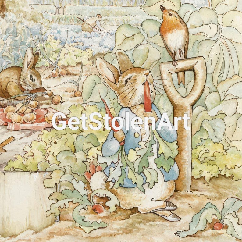 Peter Rabbit en el huerto, impresión de pintura de acuarela de Beatrix Potter, arte de pared de guardería vintage, idea de regalo para baby shower. imagen 5