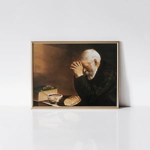 Grace, Man Praying Over Bread, Eric Enstrom gratitude, Dining room wall décor, Christian wall art.
