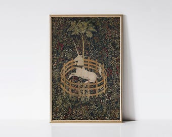 The Unicorn in Captivity, Medieval fantasy print, Floral wall art, Vintage unicorn poster, Medieval art
