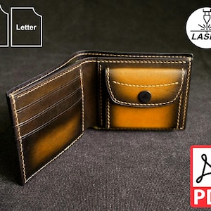 May include: Open leather wallet in a bi-fold style. The wallet is brown and tan with white stitching. It has multiple card slots and a coin pocket with a black button. The image also includes the text "A4", "Letter", "LASER", and "PDF".