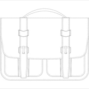 May include: A black and white line drawing of a leather briefcase with two buckles and two front pockets.