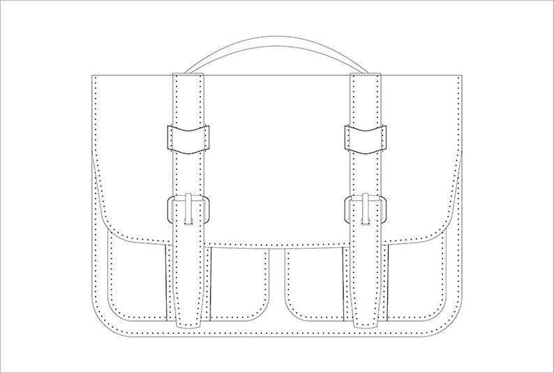 May include: A black and white line drawing of a leather briefcase with two buckles and two front pockets.
