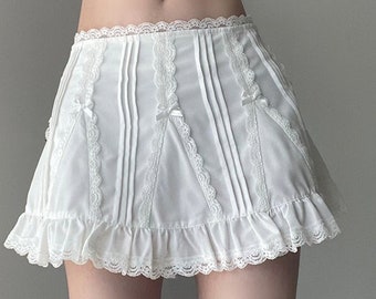 White Patchwork Lace ,Y2K Mini Skirt ,Low Waist Skirts, Vintage Aesthetic Cute, Kawaii,  Mini Skirt Korean Streetwear