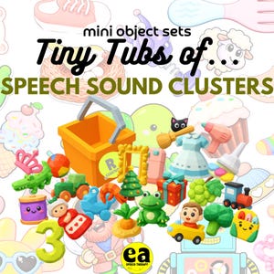 May include: A collection of miniature plastic objects including a bright orange bucket, a green frog, a red tractor, a blue train, a Christmas tree, a gift box, a broccoli floret, and a yellow car, with text reading mini object sets Tiny Tubs of SPEECH SOUND CLUSTERS.