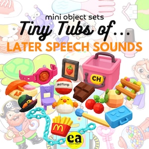 May include: A collection of miniature plastic objects including a pink tub labelled CH, a purple chair, a red and white ball, a brown chocolate bar, red cherries, a yellow chick, a blue suitcase, a chain, and a box of fries with a yellow M logo.