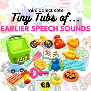 May include: A collection of miniature plastic objects including a green storage bin labelled C/K, a yellow bicycle, a red sack, a yellow bucket, a pink fork, a blue car, a blue peacock, a light blue keyboard, a pink key, and a pumpkin.