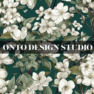 May include: A floral pattern featuring white blossoms and green leaves against a dark teal background. The text "ONTO DESIGN STUDIO" is displayed across the image. The design has a botanical theme, suitable for fabric or wallpaper.